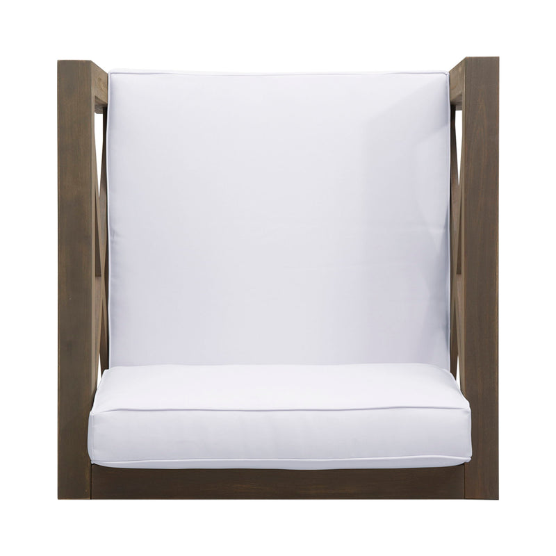 Noble House Brava mid-century modern arm chair with water-resistant cushions and wooden legs, stylish and comfortable seating.