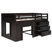 DreamHaus loft bed with integrated cabinet and shelf, featuring a wooden frame and functional storage space.