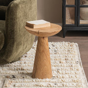 Classic Home Alina accent table in Heartwood Natural wood with a round top and tapered legs, ideal for living room decor.