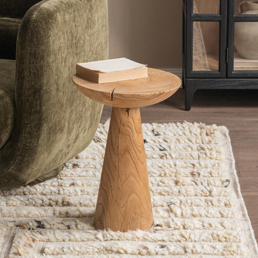 Classic Home Alina accent table in Heartwood Natural wood with a round top and tapered legs, ideal for living room decor.