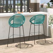 Set of two Noble House Ferrara outdoor patio barstools with woven seats and metal frames, ideal for outdoor dining and seating.