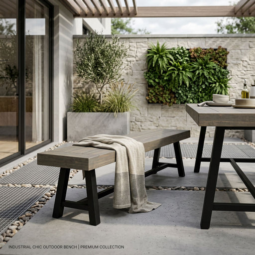Gray outdoor patio bench by Noble House featuring rustic metal design with a sturdy, weather-resistant construction.