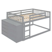 DreamHaus bunk bed with built-in four drawers and three shelves, showcasing a sturdy wooden frame and space-saving design.