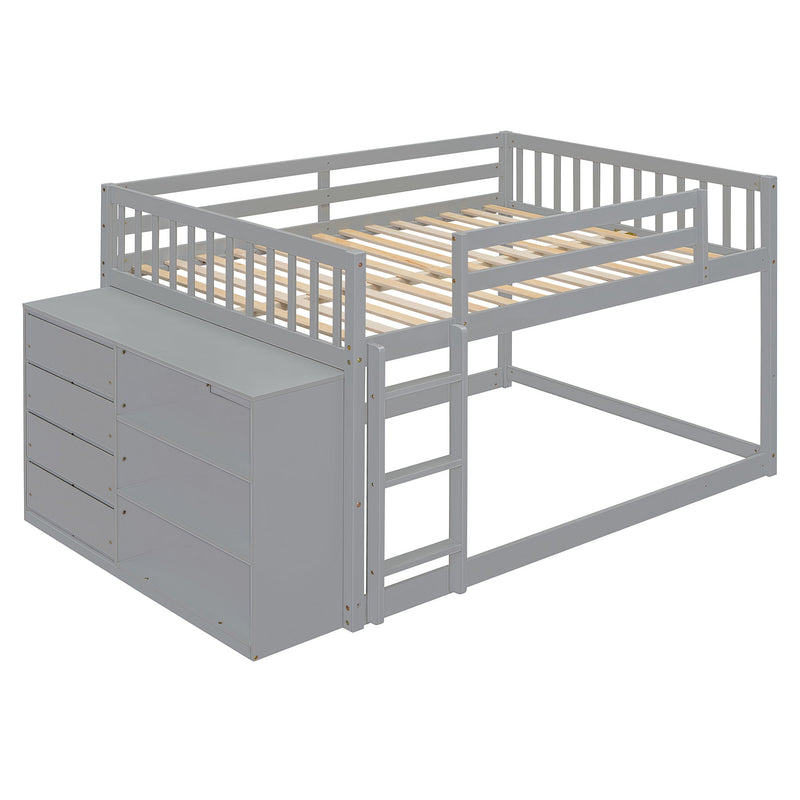 DreamHaus bunk bed with built-in four drawers and three shelves, showcasing a sturdy wooden frame and space-saving design.