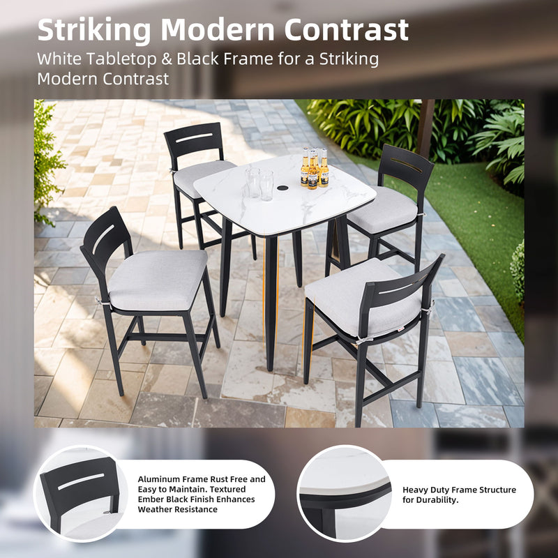Outdoor bar table with rounded square sintered stone top, umbrella hole, rust-free frame, weatherproof design in Ember Black and White.