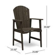 Set of two Noble House outdoor weather-resistant acacia wood Adirondack dining chairs on patio.