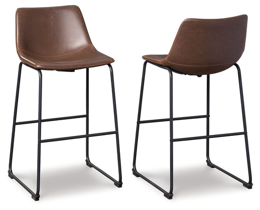 Set of two Signature Design by Ashley Centiar upholstered barstools with padded seats and sleek wooden legs.