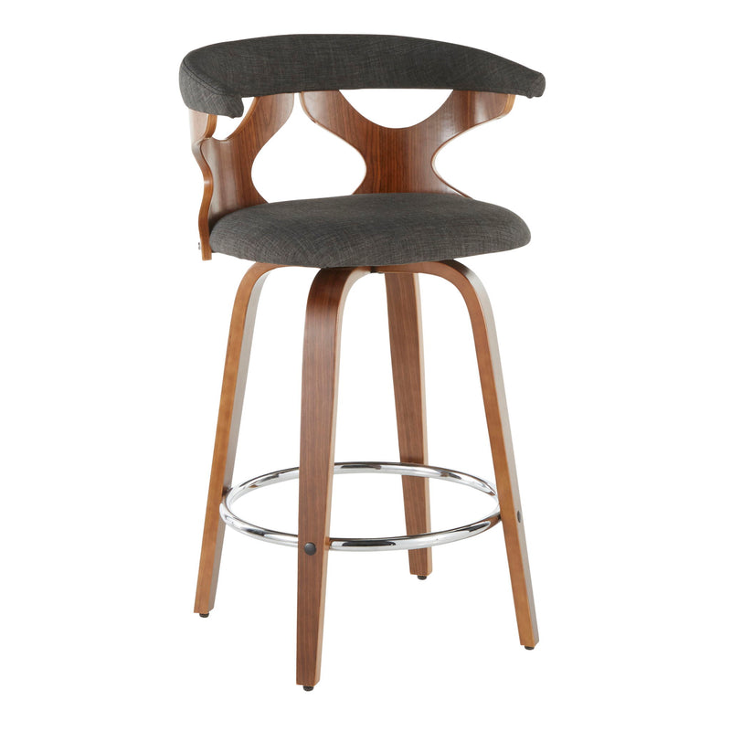 Set of two Lumi Source Gardenia mid-century modern counter stools with wooden legs and upholstered seats.