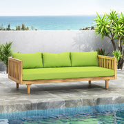 Noble House Claremont 3-seater teak acacia wood daybed sofa with water-resistant cushions, ideal for outdoor lounging.