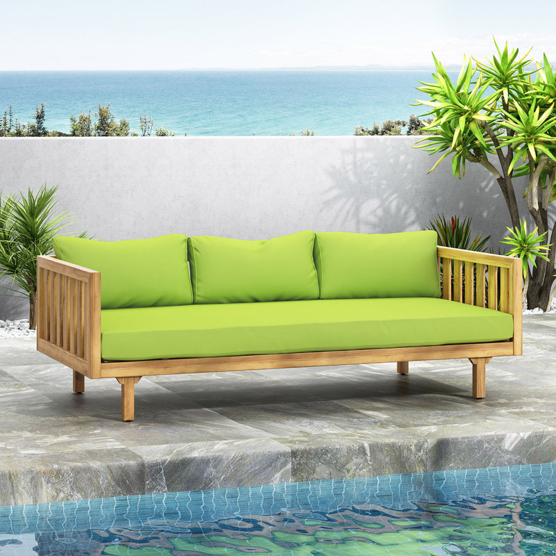 Noble House Claremont 3-seater teak acacia wood daybed sofa with water-resistant cushions, ideal for outdoor lounging.