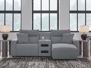 Signature Design by Ashley Modmax II reclining sectional in salt and pepper fabric, showing plush cushions and reclining features.