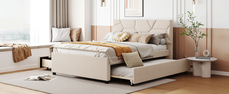 Upholstered Platform Bed With Brick Pattern Headboard And Twin Long Size Trundle - R&R Furniture Gallery (Fountain Valley, CA)