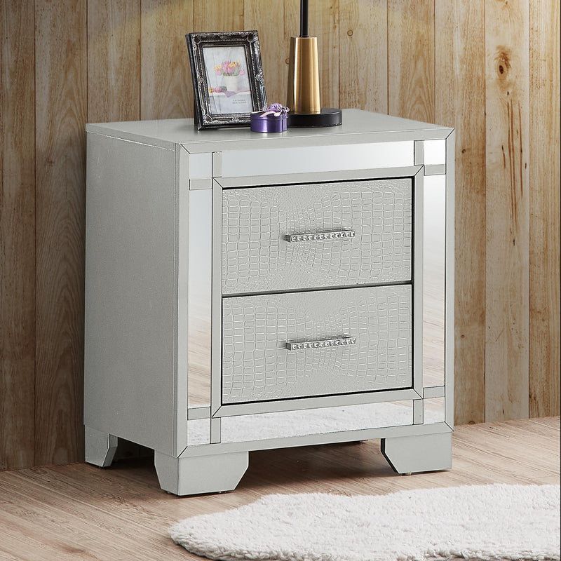 Silver Champagne Madison accent nightstand by Glory Furniture with a sleek modern design and smooth surface.