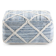 Cowan handcrafted square accent pouf by Simpli-Home with textured fabric and sturdy wooden legs, perfect for living room decor