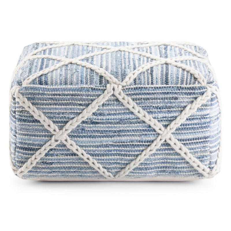 Cowan handcrafted square accent pouf by Simpli-Home with textured fabric and sturdy wooden legs, perfect for living room decor