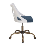 Charlotte farmhouse swivel chair by Lumi Source with antique copper frame, white seat, and blue accents.