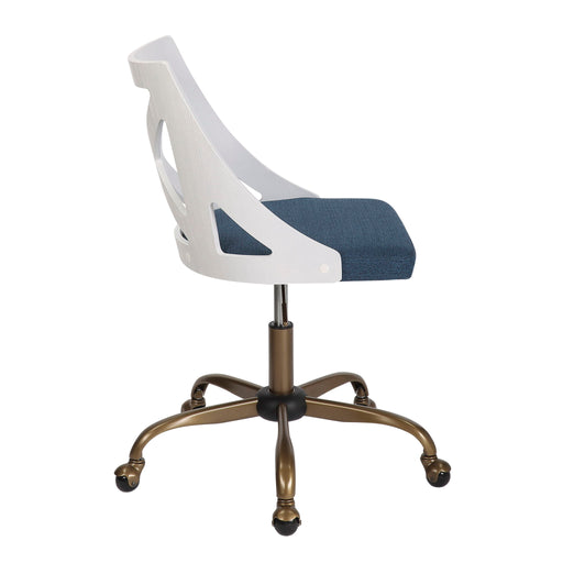 Charlotte farmhouse swivel chair by Lumi Source with antique copper frame, white seat, and blue accents.