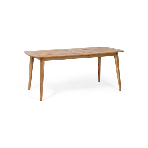 Noble House Placidity outdoor expandable dining table with slatted tabletop and tapered legs, suitable for outdoor dining spaces.