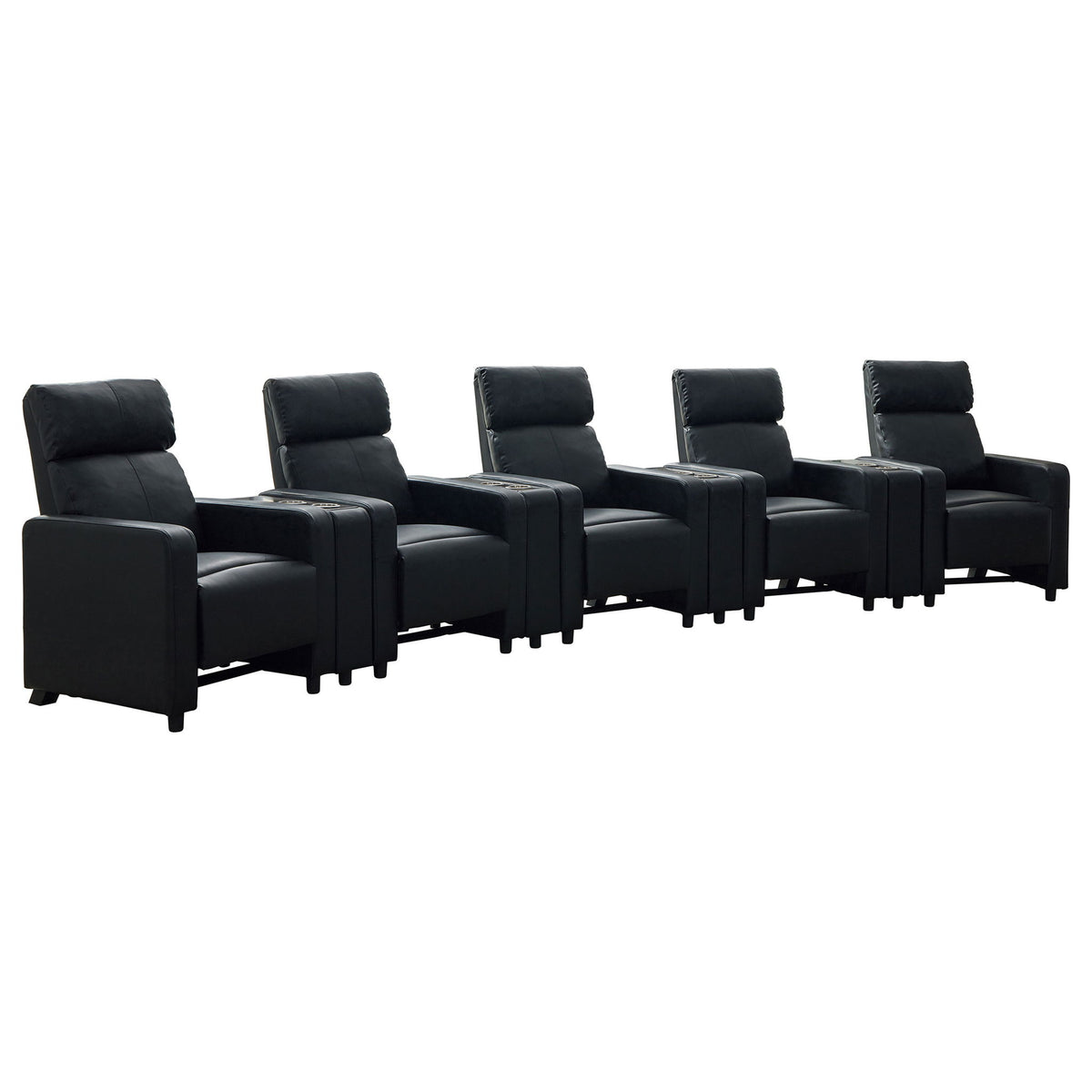 Warren - 5 Seater Home Theater With 4 Wedge Consoles Recliners And Storage Consoles - Black