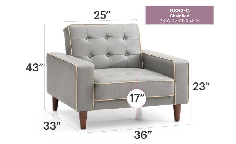 Glory Furniture Andrews futon chair bed with wooden armrests and gray fabric upholstery, designed for versatile seating and sleeping.