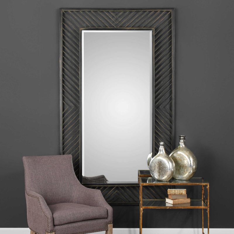 Uttermost Karel Chevron Wall Mirror with black geometric frame, modern decorative mirror for stylish home decor.