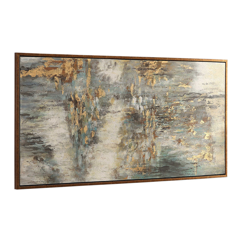 Beige abstract canvas art titled "Behind The Falls" by Uttermost, featuring flowing, textured brushstrokes on a neutral background.