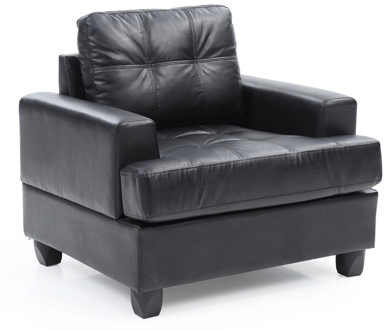 Transitional design armchair by Glory Furniture featuring plush fabric upholstery and wooden legs in a stylish, modern shape.