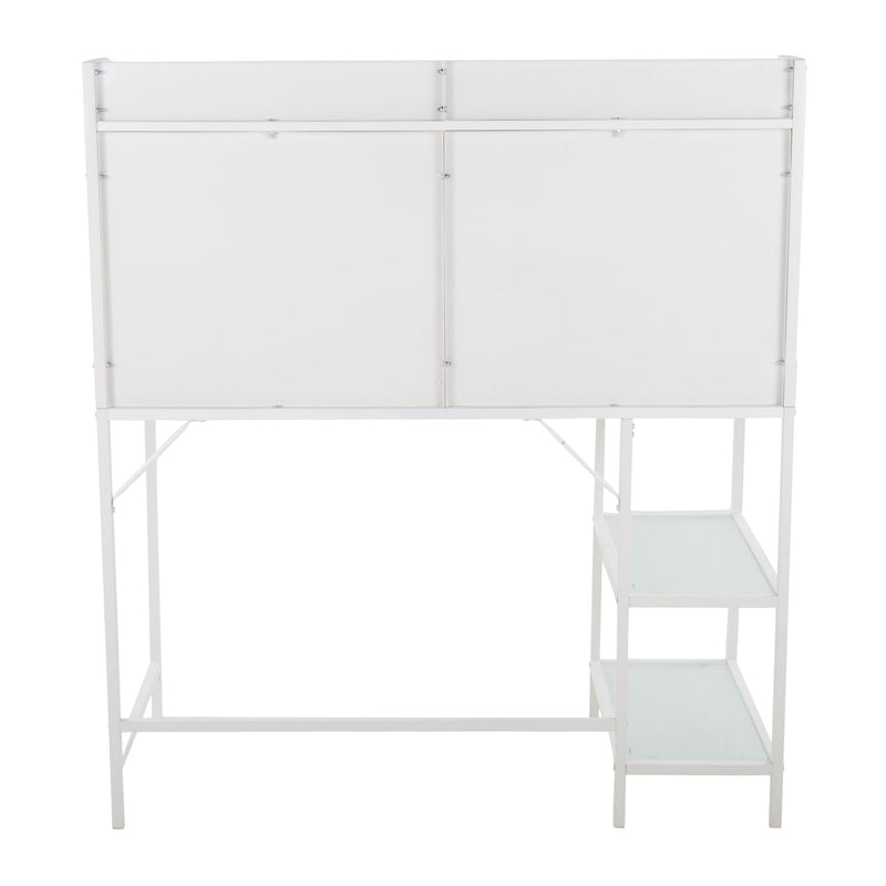 Lumi Source Geo Tier contemporary writing desk with geometric metal frame and wooden tabletop, modern office furniture.