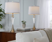 Pair of Lumi Source Ashland contemporary crystal table lamps with clear crystal, nickel accents, and white shades on a modern surface.