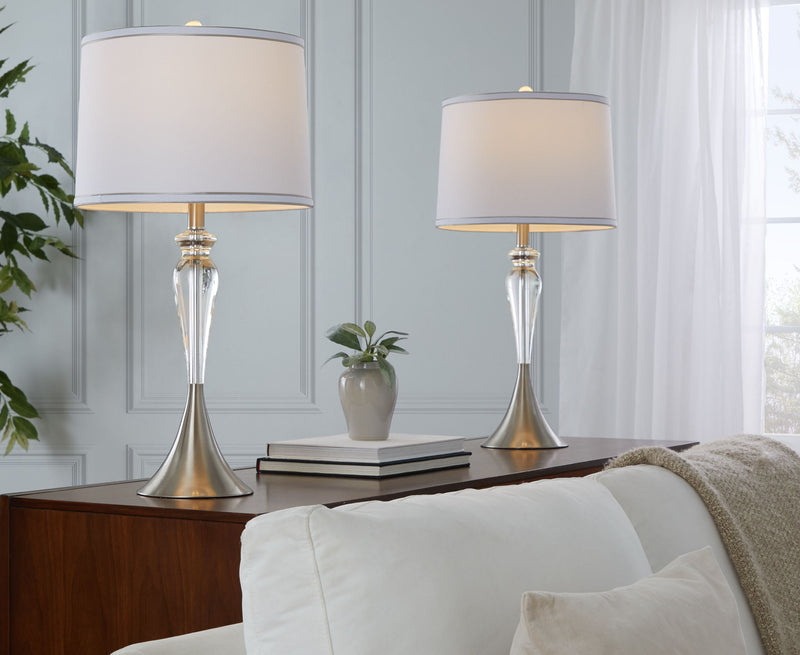 Pair of Lumi Source Ashland contemporary crystal table lamps with clear crystal, nickel accents, and white shades on a modern surface.