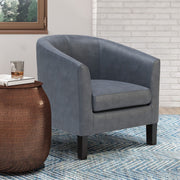 Austin transitional arm chair by Simpli-Home featuring a plush cushioned seat and wooden legs in a modern design.