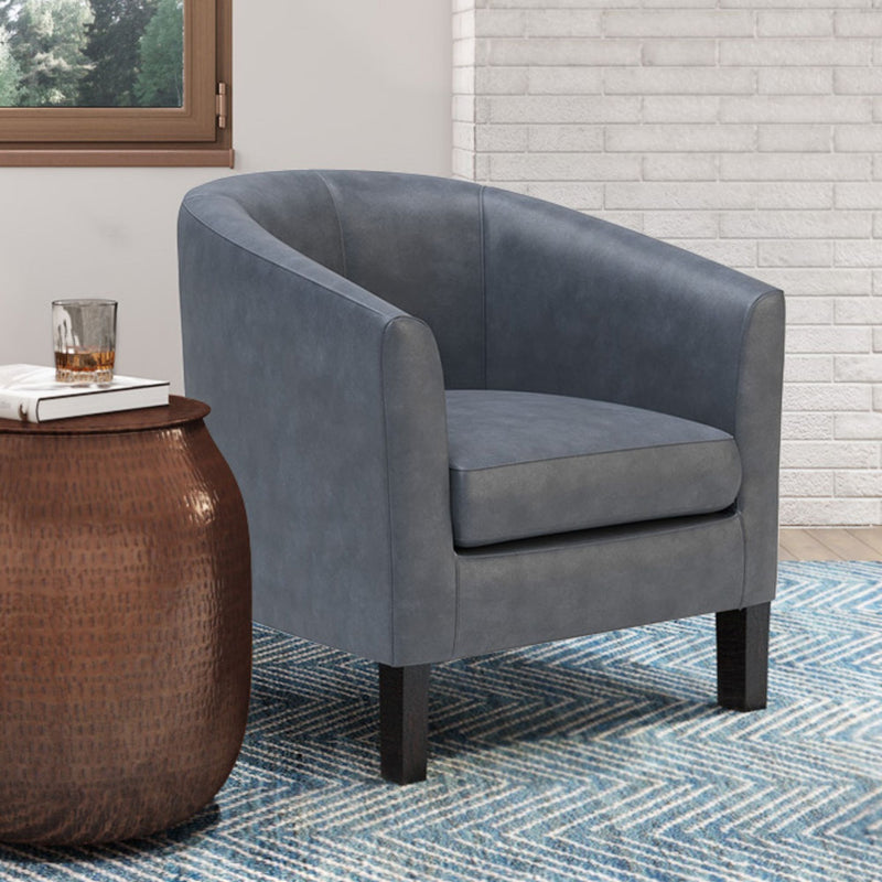 Austin transitional arm chair by Simpli-Home featuring a plush cushioned seat and wooden legs in a modern design.
