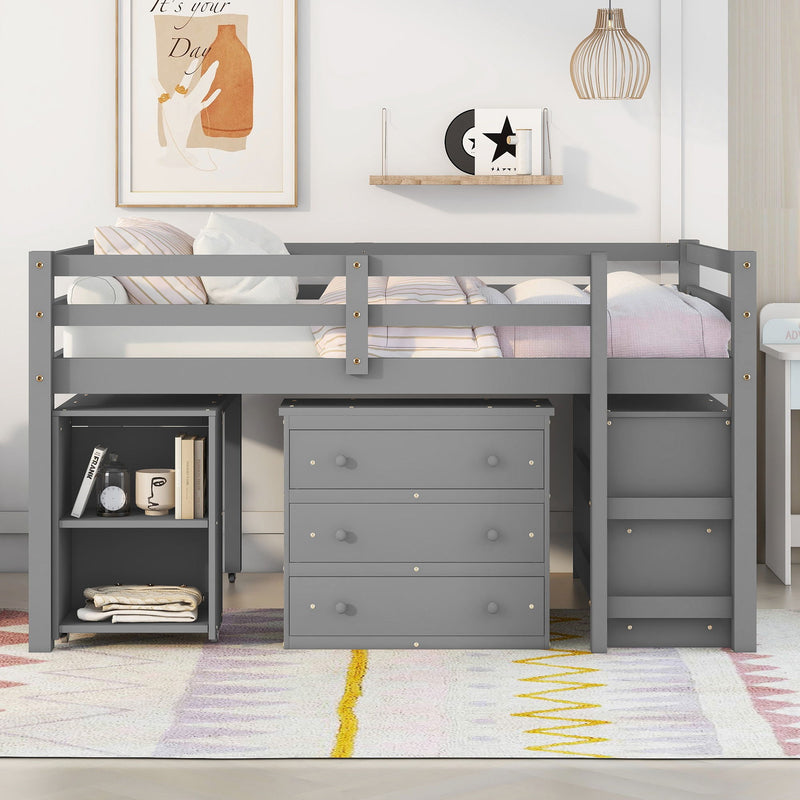 DreamHaus loft low study bed with built-in cabinet, shelves, and rolling desk, featuring a modern, multi-functional design.