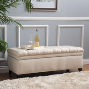 Noble House Juliana storage ottoman with beige fabric top and birch wood legs, versatile furniture piece for living room storage.