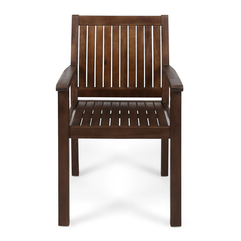 Set of two Wilson rustic dining chairs by Noble House, dark brown acacia wood with slat panel design, perfect for dining rooms.