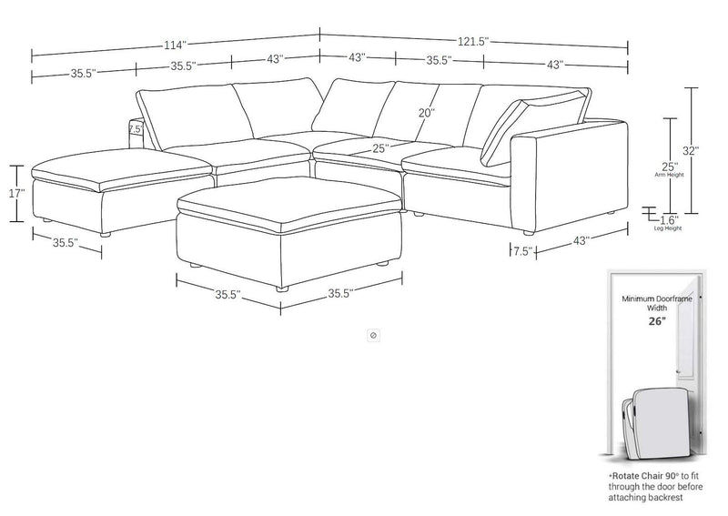 1100 - 6-Piece Left Arm Facing 3-Seat Sectional (Top-Grain Italian Leather)