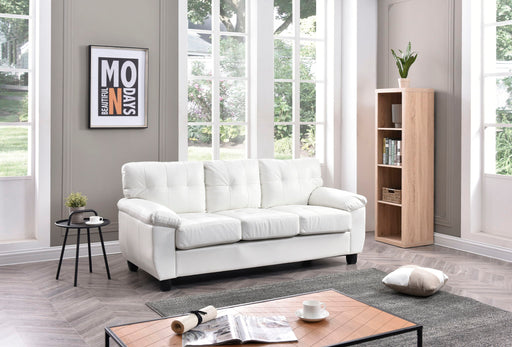 Comfortable stationary sofa by Glory Furniture with plush cushions and neutral fabric, ideal for living room relaxation.