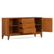 Simpli-Home Harper sideboard buffet with wood finish, featuring drawers and cabinet storage, ideal for modern dining or living spaces.