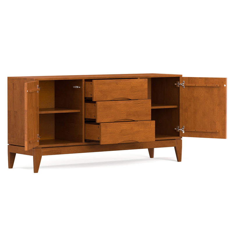 Simpli-Home Harper sideboard buffet with wood finish, featuring drawers and cabinet storage, ideal for modern dining or living spaces.