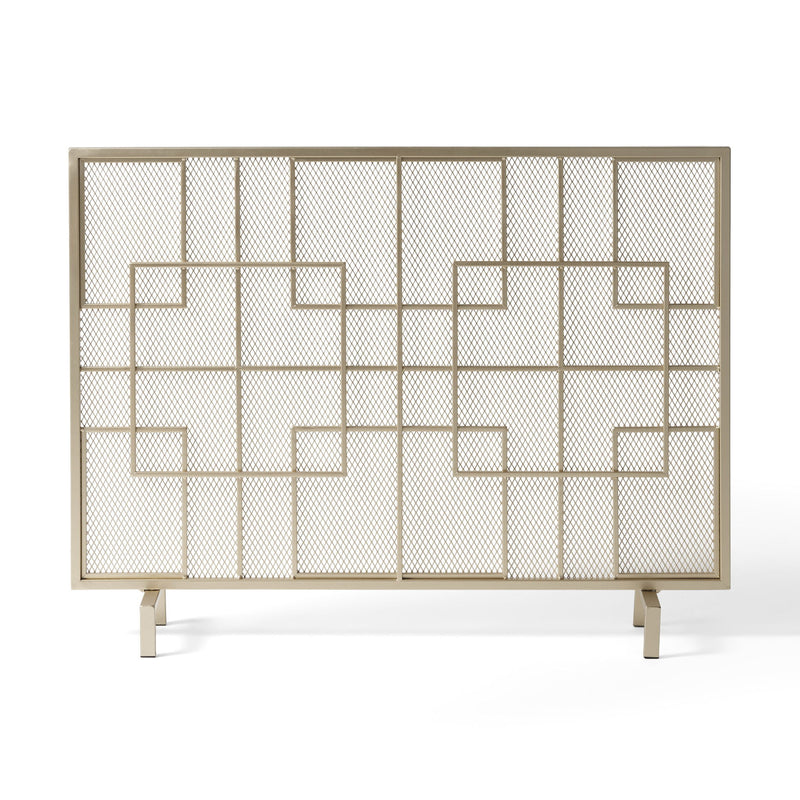 Modern single panel iron fireplace screen by Noble House with intricate metal design, used to protect and decorate a fireplace.