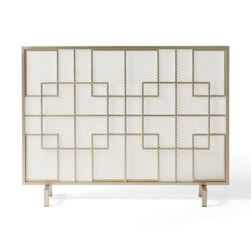 Modern single panel iron fireplace screen by Noble House with intricate metal design, used to protect and decorate a fireplace.