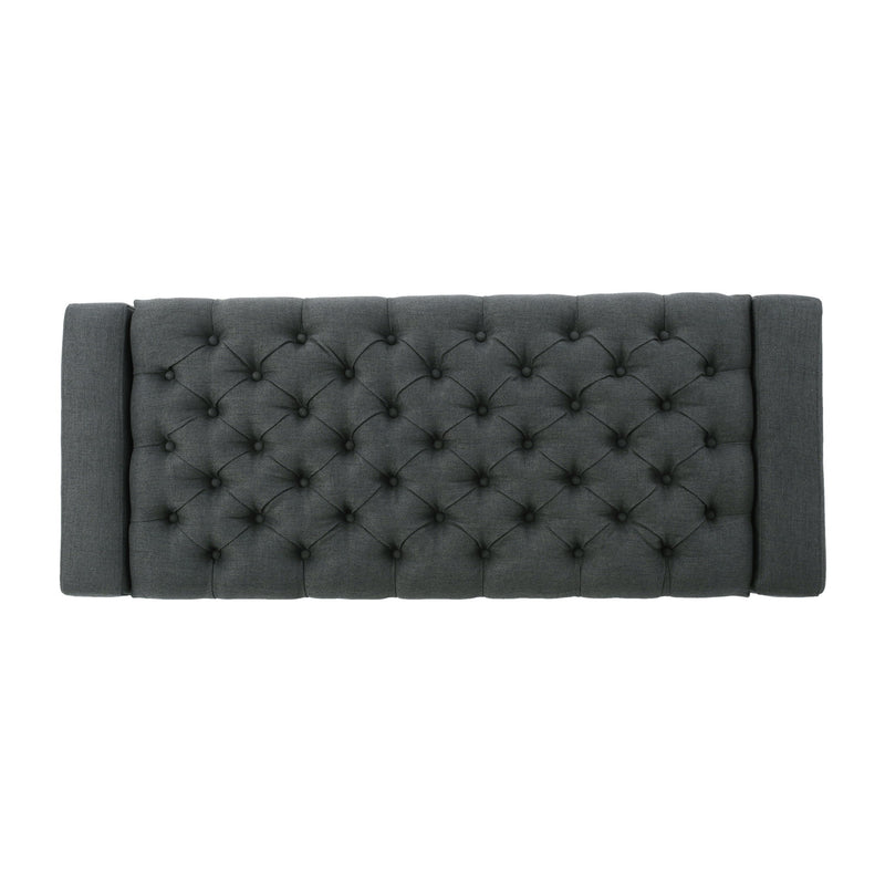 Dark gray contemporary storage ottoman with tufted top from Noble House, showing soft fabric and hidden storage compartment.