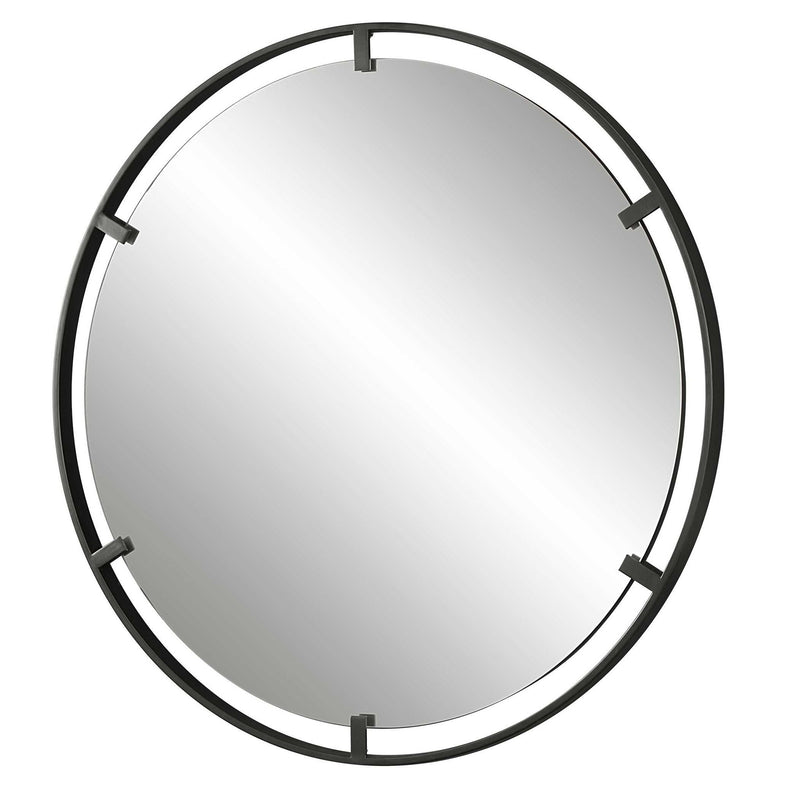 Black round iron accent mirror by Uttermost with a sleek, minimalist frame, perfect for modern home decor.