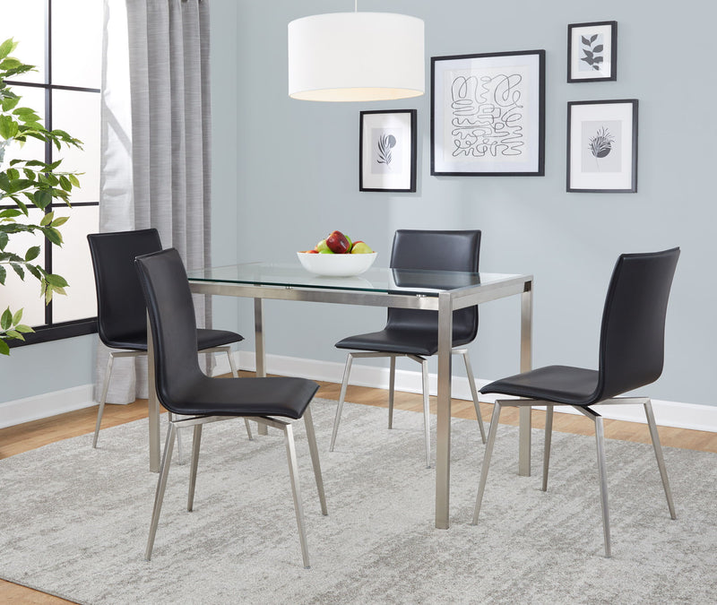Lumi Source Fuji Mason 5-piece upholstered swivel dining set with glass tabletop and modern design, includes chairs and table.
