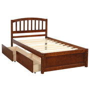 DreamHaus platform storage bed with wood frame, two drawers, and headboard, showcasing a modern bedroom furniture design.