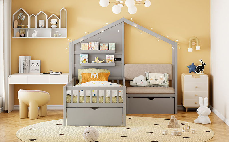 House Bed With Upholstered Sofa, Wireless Charging Station, Shelves And 2 Drawers - R&R Furniture Gallery (Fountain Valley, CA)