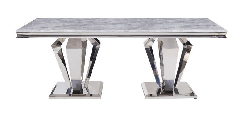 Satinka - Dining Table - Light Gray Printed Faux Marble Top & Mirrored Silver - R&R Furniture Gallery (Fountain Valley, CA)