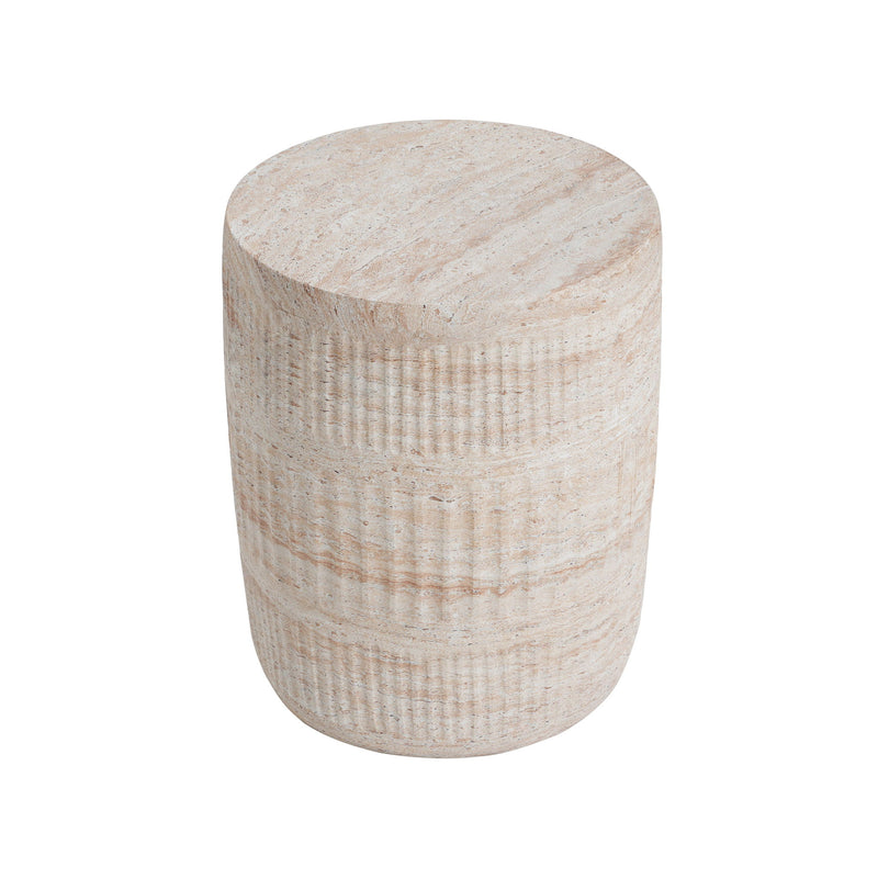Beige Noble House concrete side table with travertine top, suitable for outdoor and indoor use, showcasing modern and lightweight design.