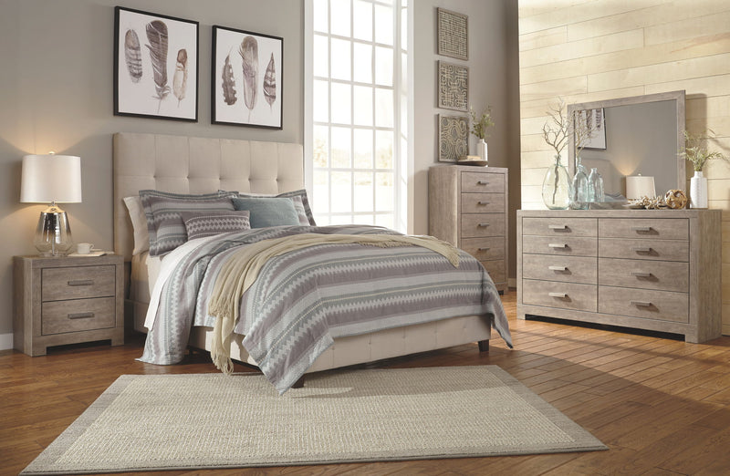 Culverbach - 5 Pc. - Dresser, Mirror, Queen Upholstered Bed, 2 Nightstands - Gray - R&R Furniture Gallery (Fountain Valley, CA)