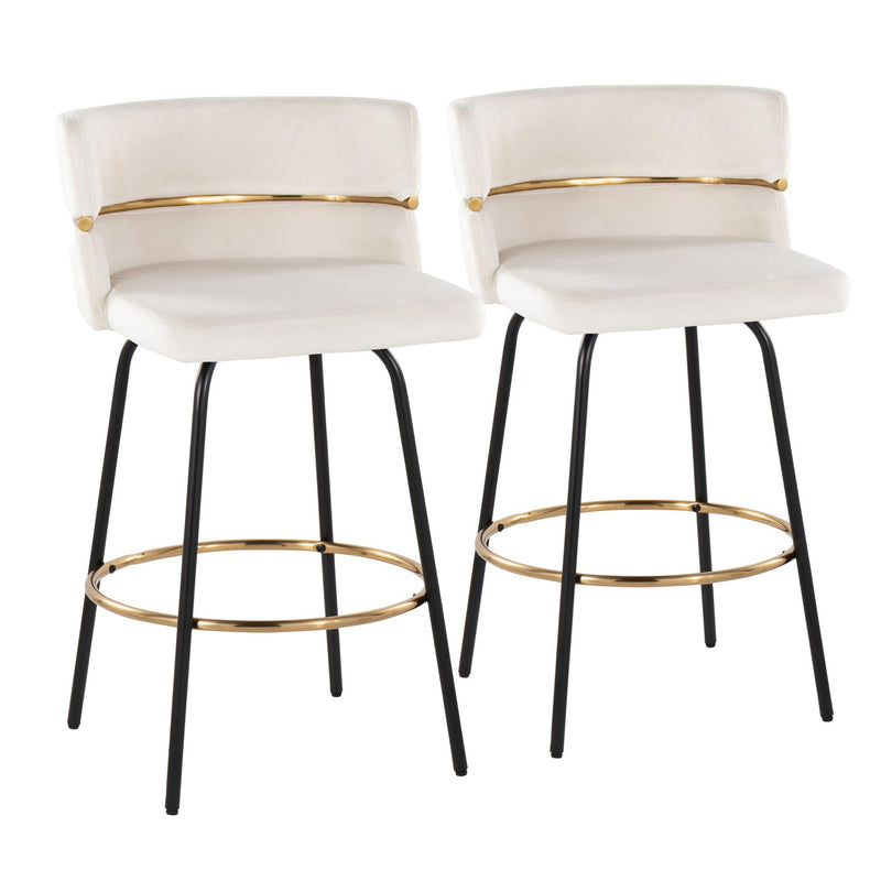 Set of two Lumi Source Cinch contemporary counter stools with swivel seats and round footrests, showcasing modern design.